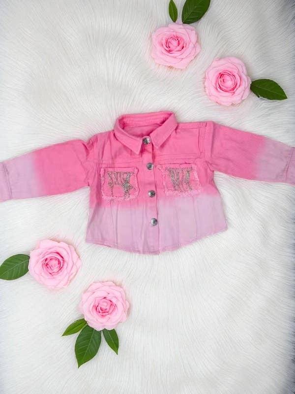Pink denim rhinestone fringe long sleeve girls coat DLH2623 for wholesale by luluclothes
