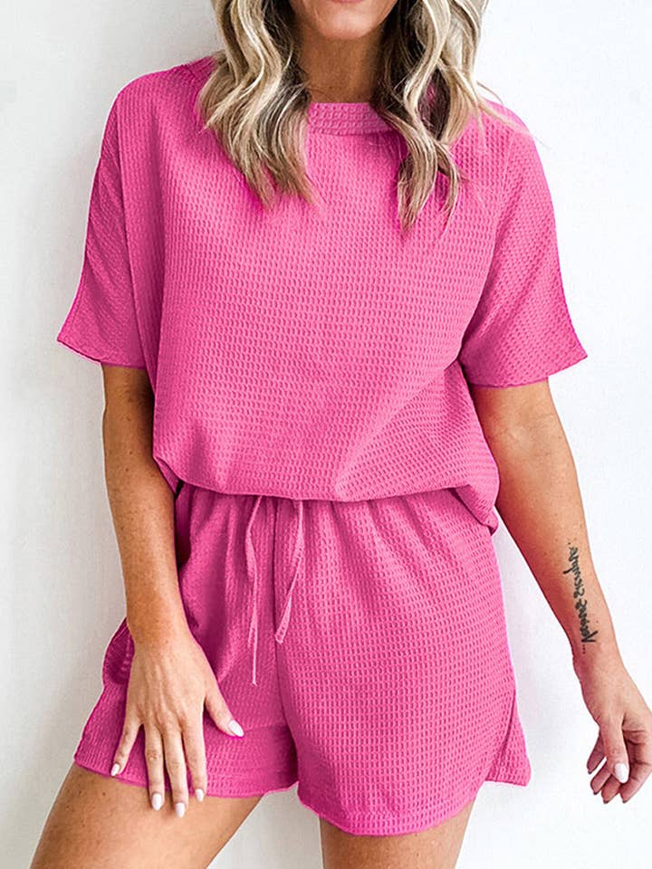 Lovesoft - Vente Ensemble de vêtements d'intérieur – femme - Ensemble t-shirt texturé décontracté et short à cordon