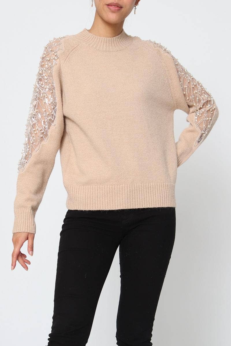 DIX-ONZE - Wholesale Knit Sweater - Women's - Soft Knit Sweater – Sequin & Pearl Details on Sleeves4