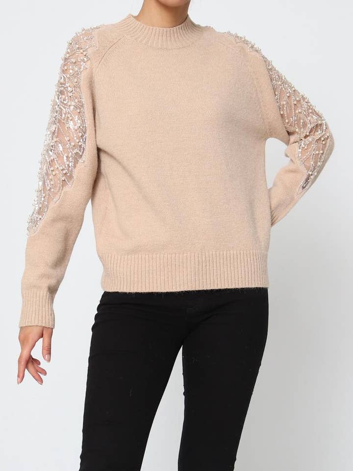 DIX-ONZE - Wholesale Knit Sweater - Women's - Soft Knit Sweater – Sequin & Pearl Details on Sleeves4