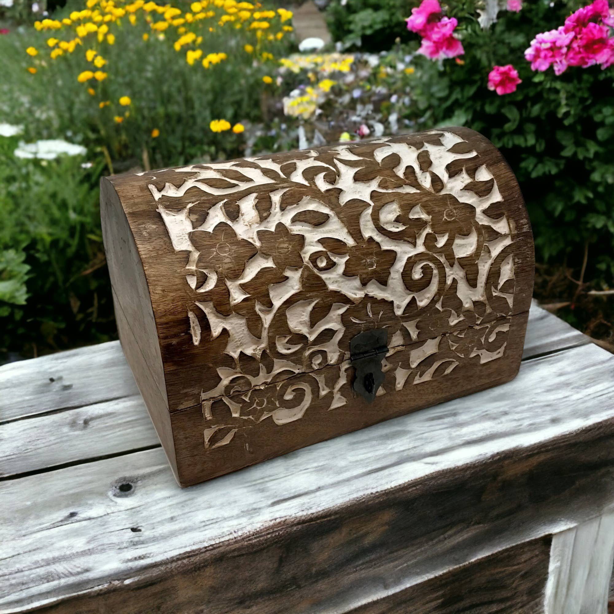 Wilco Home - Wholesale Decorative Box - Spring Carved Wood  "Flower Garden" Hinged Box Table Chest2