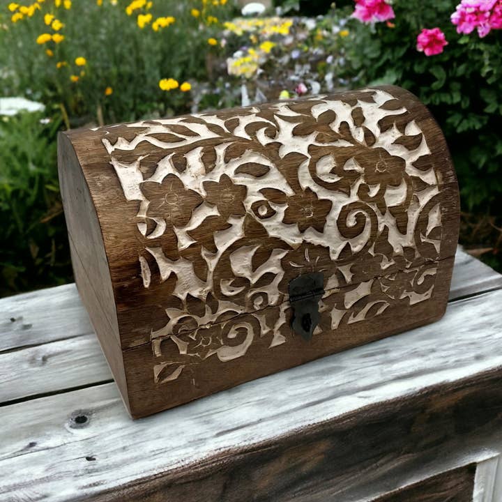 Wilco Home - Wholesale Decorative Box - Spring Carved Wood "Flower Garden" Hinged Box Table Chest2