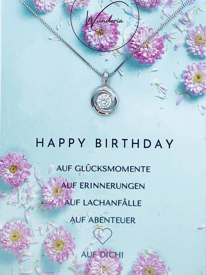 Happy Birthday 925 silver necklace with message flower ziconia for wholesale by Wunderia