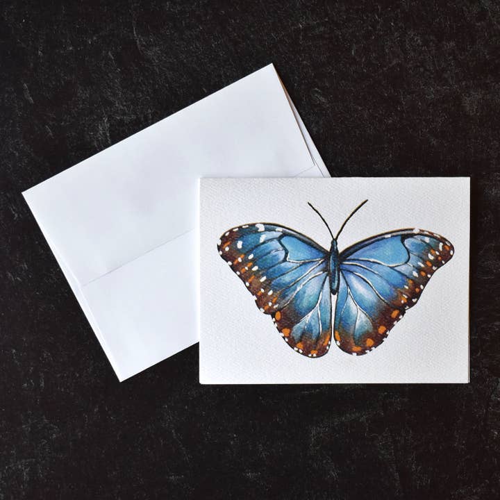 Blå Morpho Butterfly akvarel lykønskningskort for engroshandel hos Hadley Richards Designs