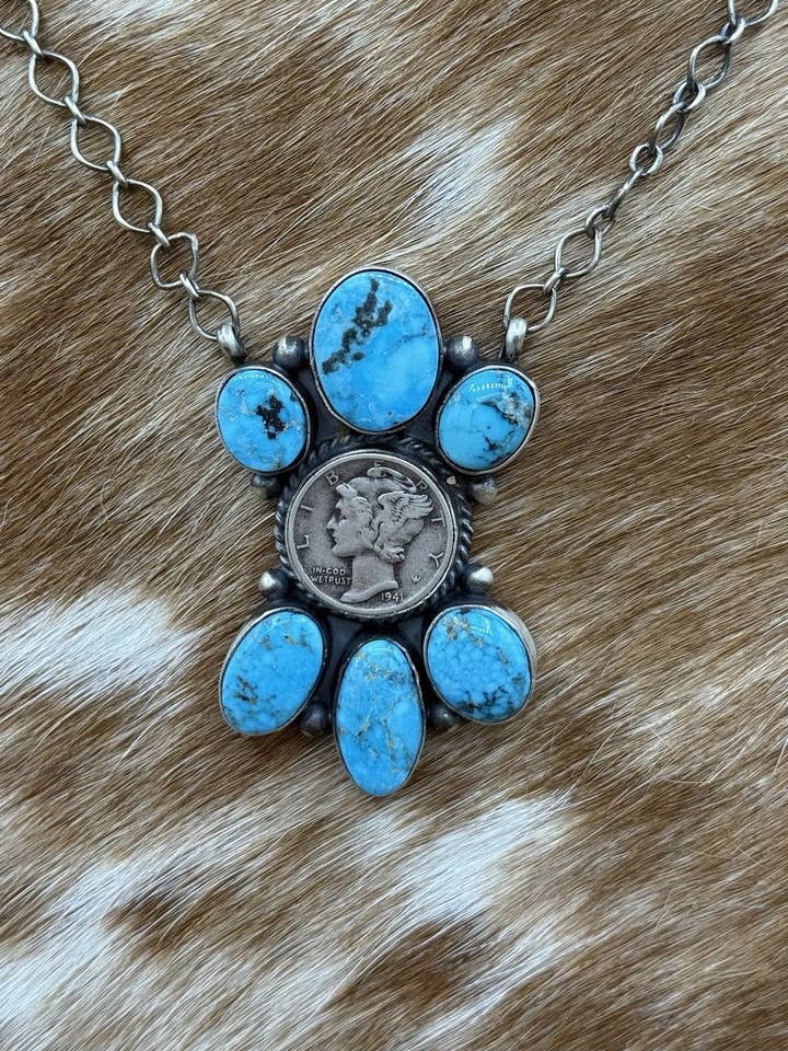 Navajo håndlavet sølv Kingman turkis Liberty Dime klynge bar halskæde 18” for engroshandel hos Native City Jewelry