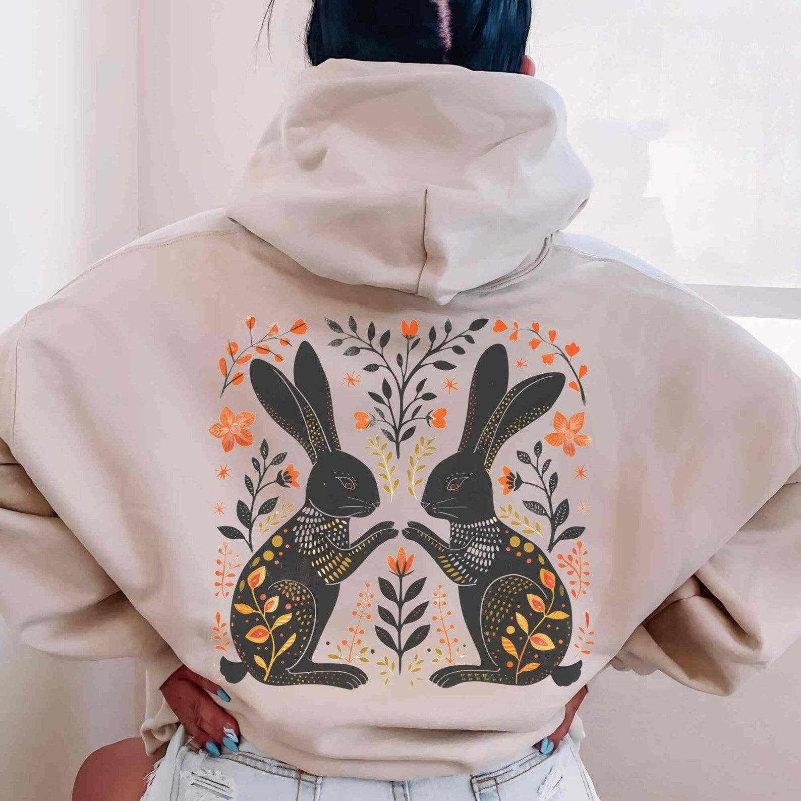 Sisterly Gifts Shop – wholesale Hoodie – Unisex – Folk Art Bunny Hoodie | Cottage Core | Nature Hoodie0