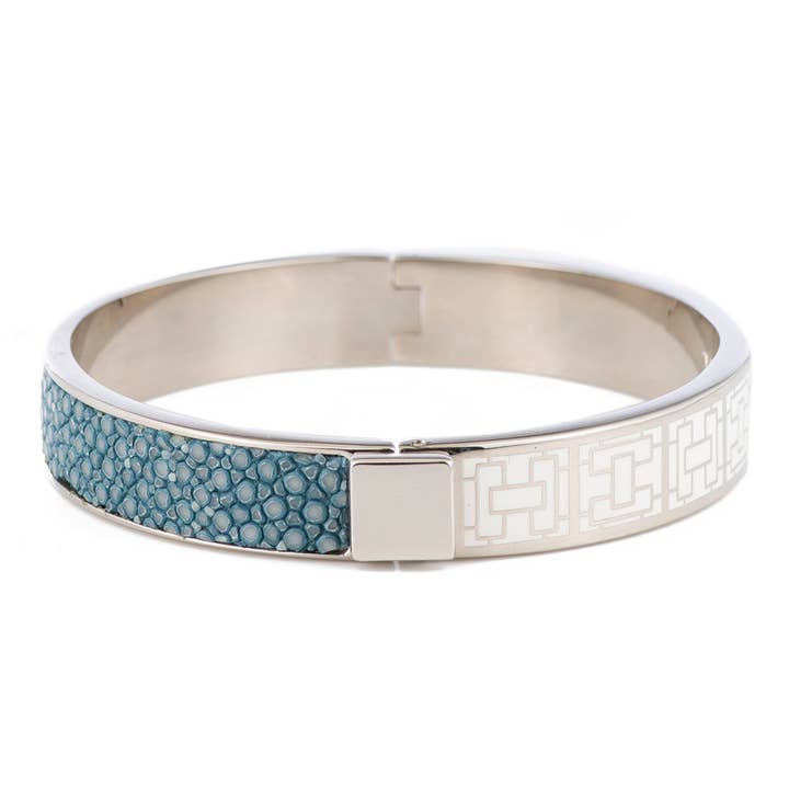 Corfou en émail blanc argenté, incrustation de shagreen personnalisée pour la vente par VIVO