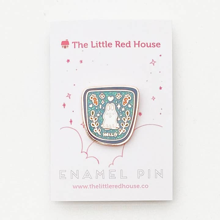 Bunny Hello Badge Speckle Enamel Pin for wholesale by The Little Red House