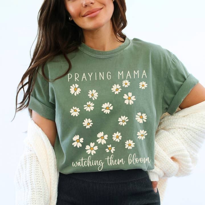 Scripted Pearl - Wholesale Screen Printed T-Shirt - Women's - Praying Mama Watching Them Bloom Daisies Comfort Colors Tee4