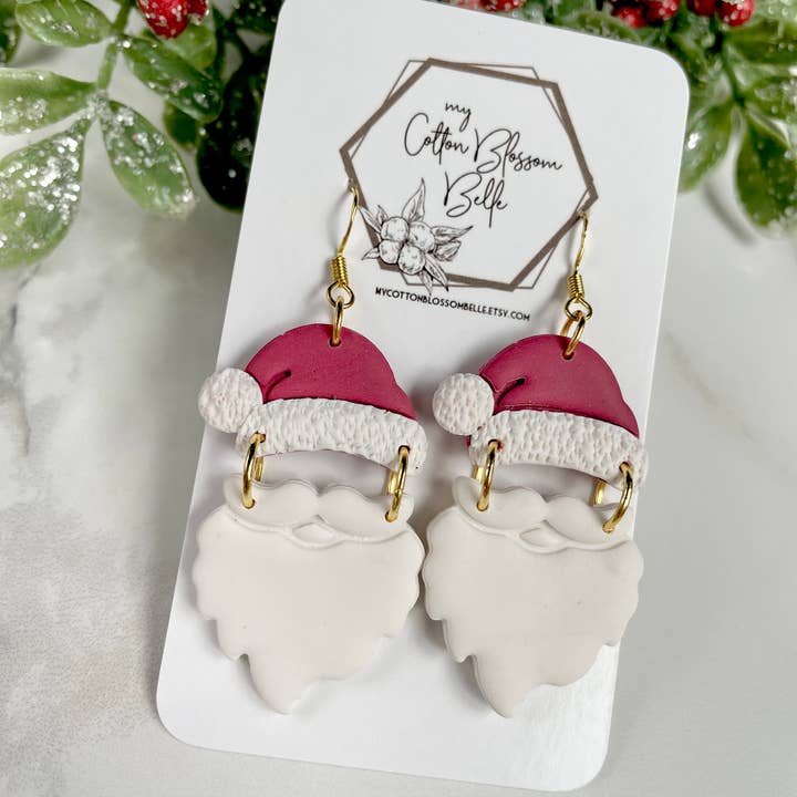 Santa Hat & Beard Clay Dangle Earrings for wholesale by My Cotton Blossom Belle