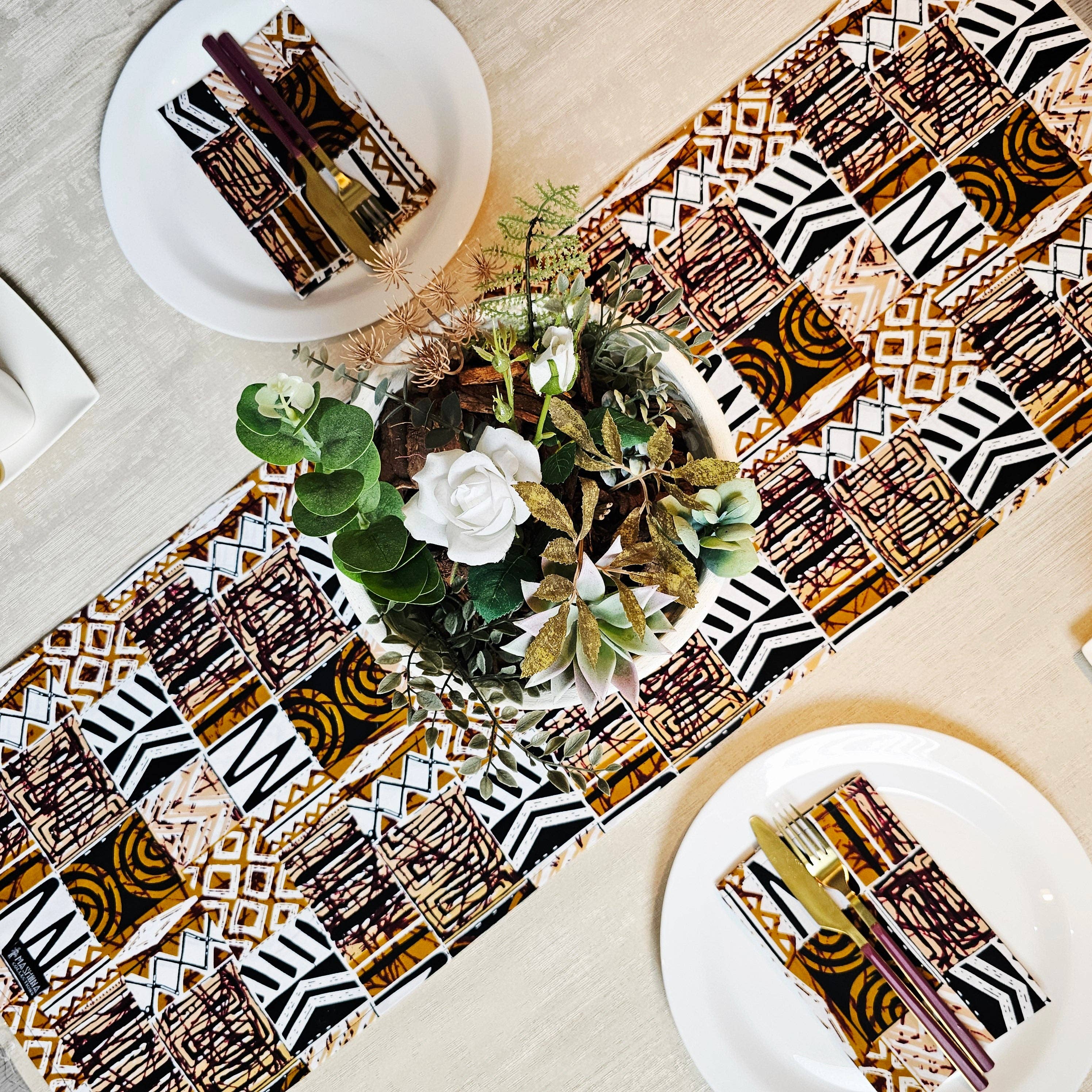 Mashona Collections - Wholesale Table runner - Handmade Table Runner and Set of 8 Napkins | African Print "Mudcloth" Bogolan Inspired Print Made from 100% African Print Fabric1
