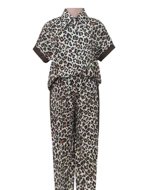 Rosa Clothing - Wholesale Lounge Set - Women's - Leopard Print Contrast Trim Shirt Top Pants Lounge Set4