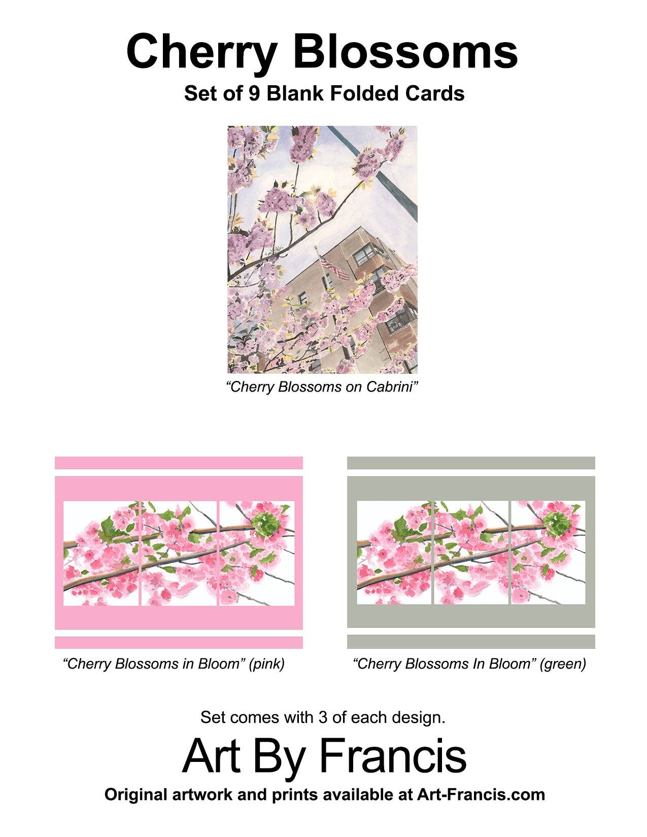 Art By Francis - Wholesale Everyday Greeting Card - Notecards Assorted - Cherry Blossoms (9-pack)6