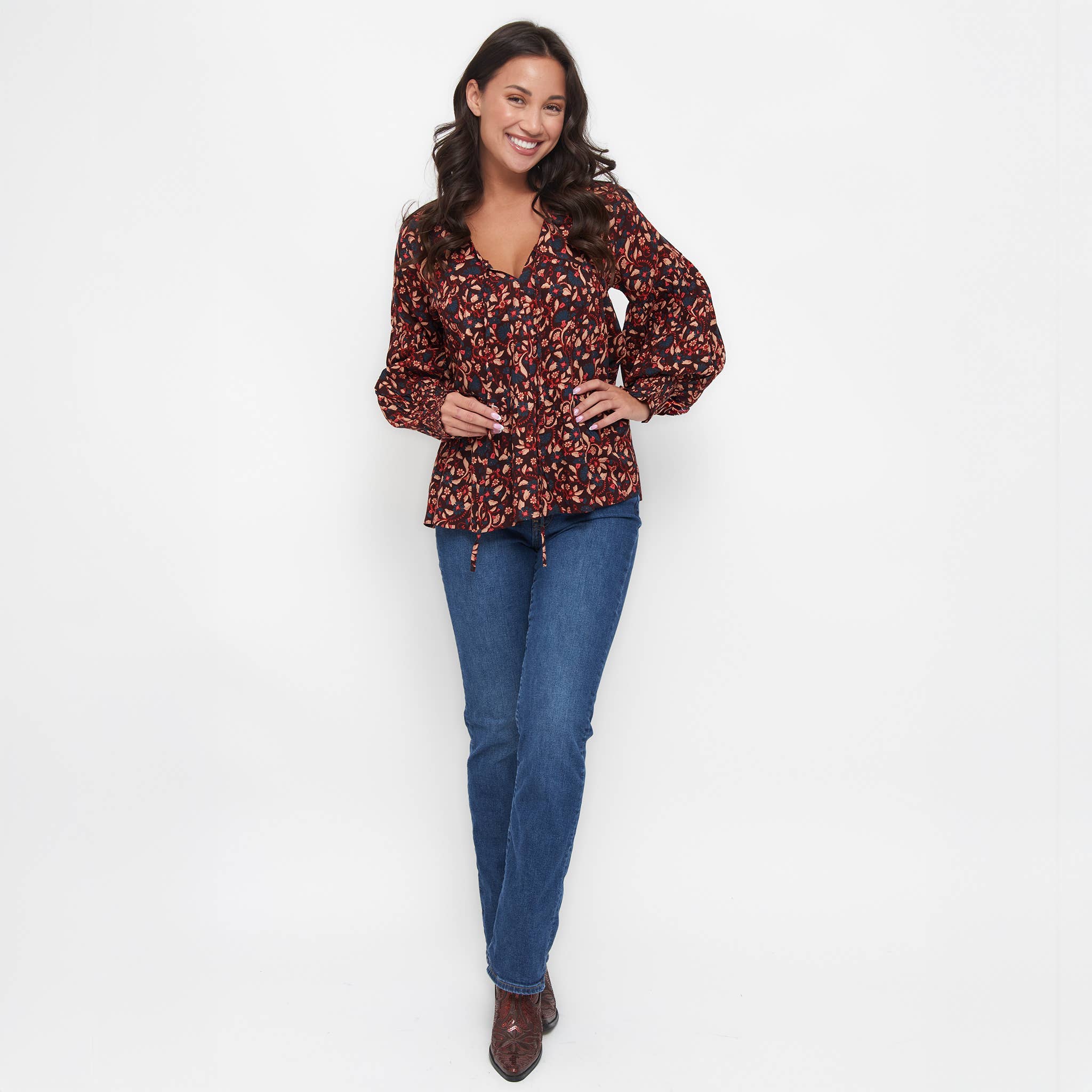 Elsie & Zoey - Vente Chemisier – femme - Blouse à manches longues à volants et col en V avec motif floral Drew10