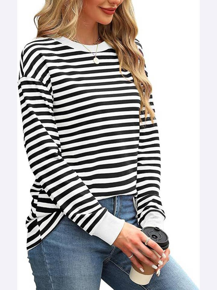 Wholesalesir - Wholesale Tunic - Women's - Contrast Loose Round Neck Striped Long Sleeved Top5