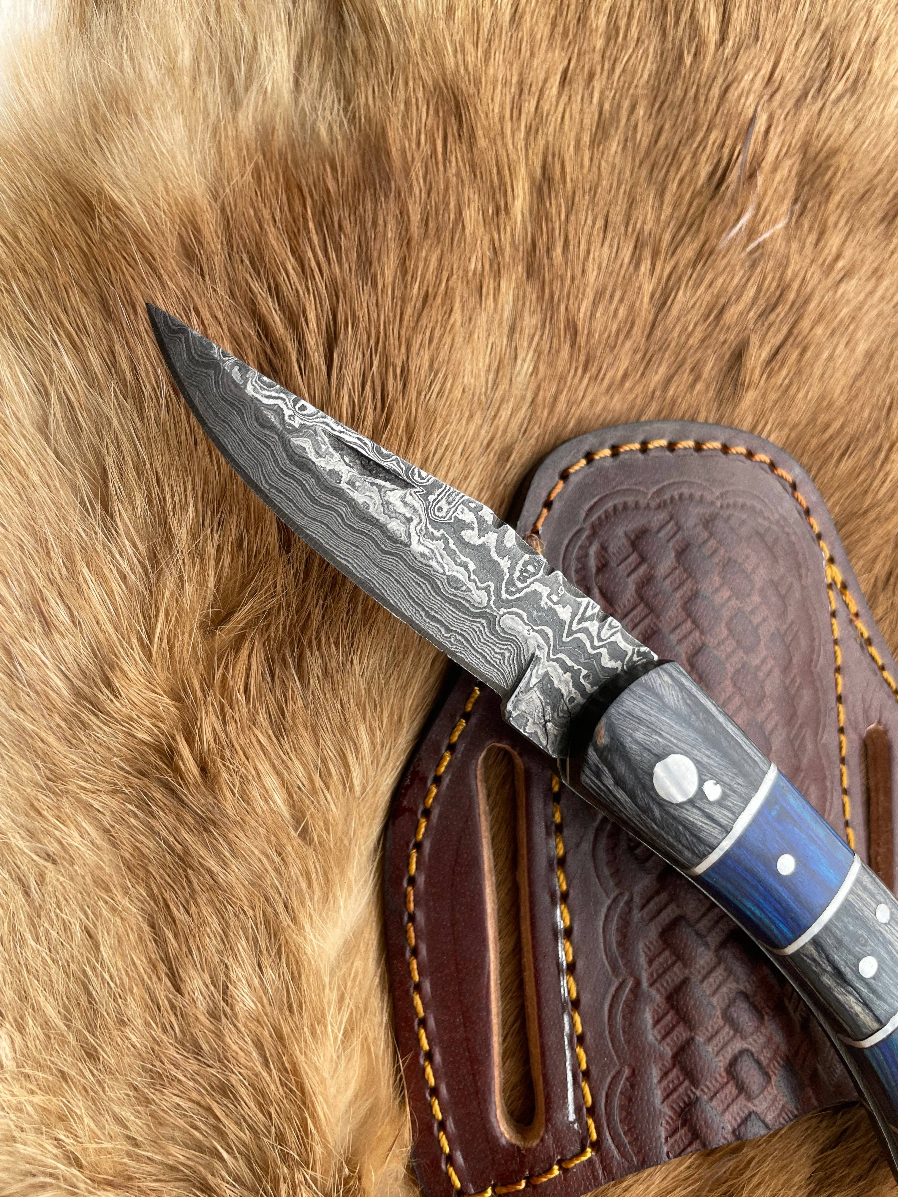 Titan International - Wholesale Pocket Knife/Holder - POCKET KNIFE Grey and Blue WOOD 6.5'' DAMASCUS STEEL KNI2