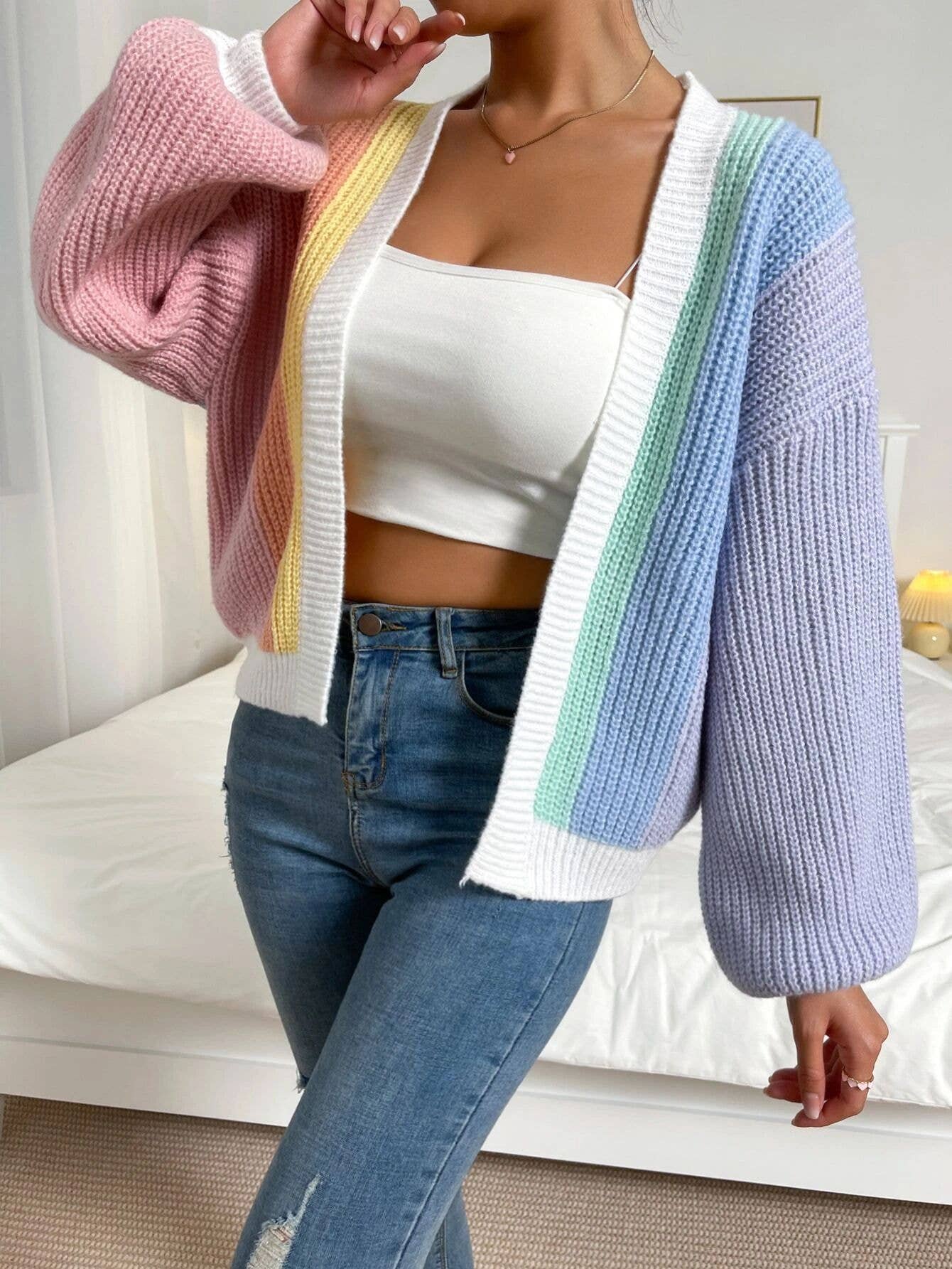 Anna Kaci Wholesale – wholesale Cardigan – Women’s – Colorblock Open Front Cardigan with Balloon Sleeves8