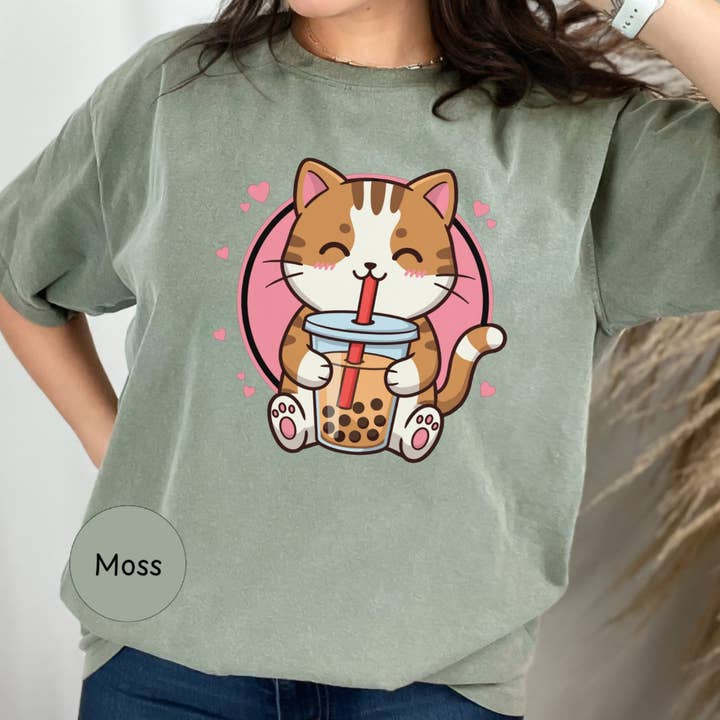 Graphic Galore - Wholesale Screen Printed T-Shirt - Women's - Anime Kawaii Cat Boba Tea Shirt, Cute Japanese Neko Tee For The Anime Fan, Boba Lover Shirt, Gift For The Japanophile, Adorable Kitten Shirt2