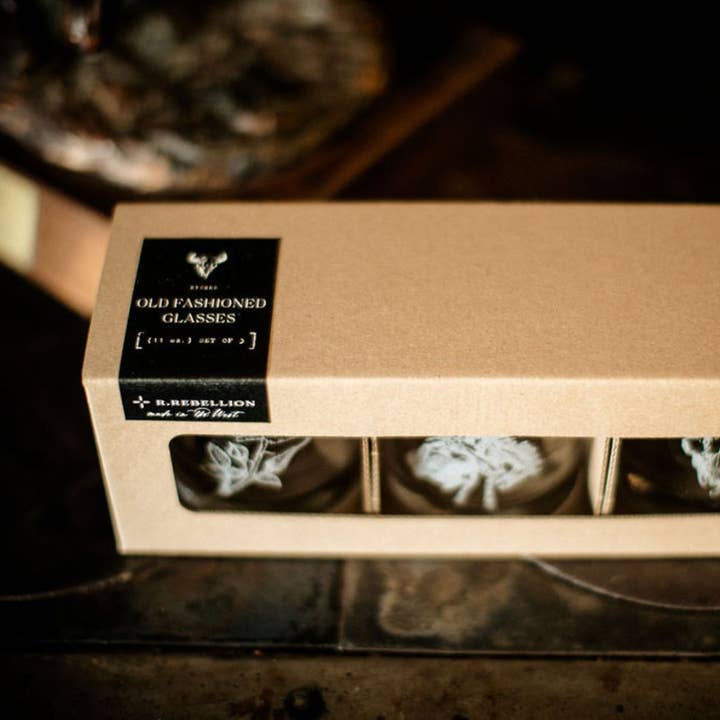 R. Rebellion - Wholesale Cocktail/Liquor Glass - Western Inspired Etched Old Fashioned Whiskey Glasses Set/3