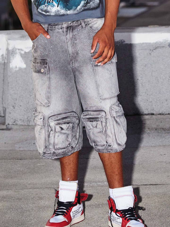 GREY STONE WASHED MULTI CARGO DENIM JORTS for wholesale on Faire1