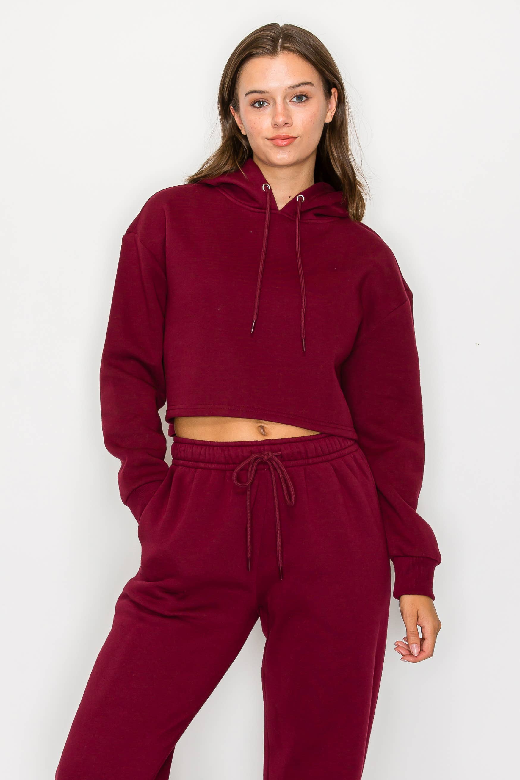 Color 5 - Wholesale Hoodie - Women's - Solid color fleece lined crop pull over hoodie jacket 6