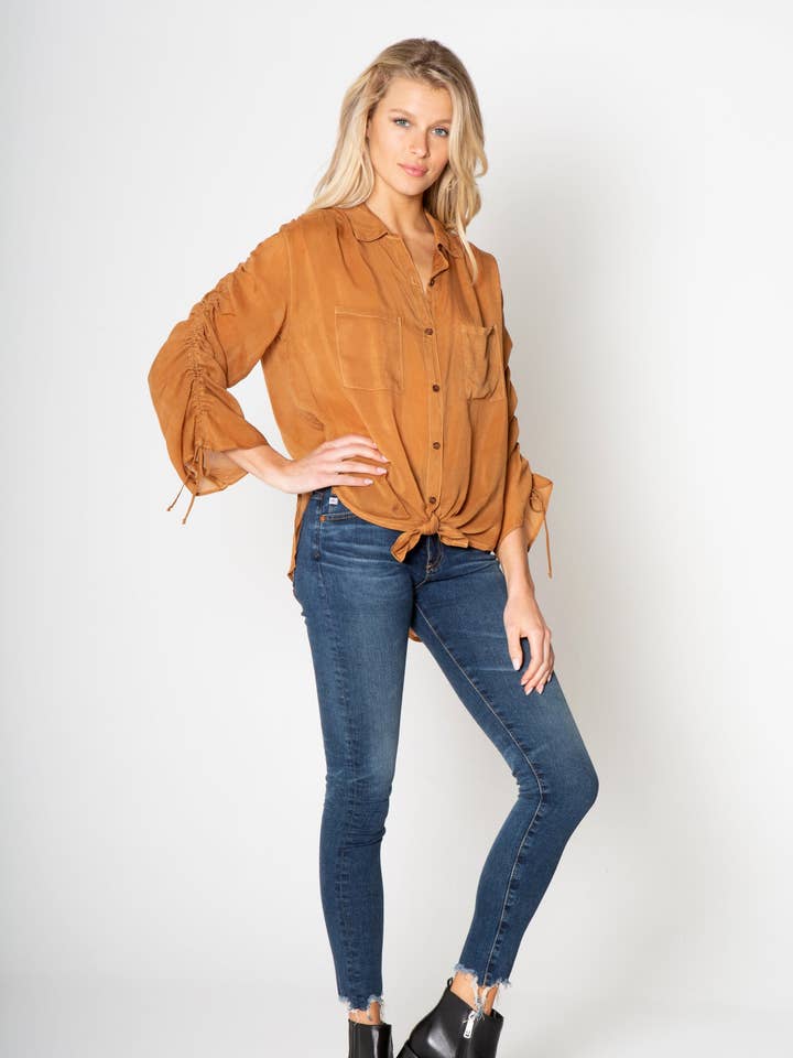 RUCHED SLEEVE BUTTON UP TOP for wholesale by Maven West