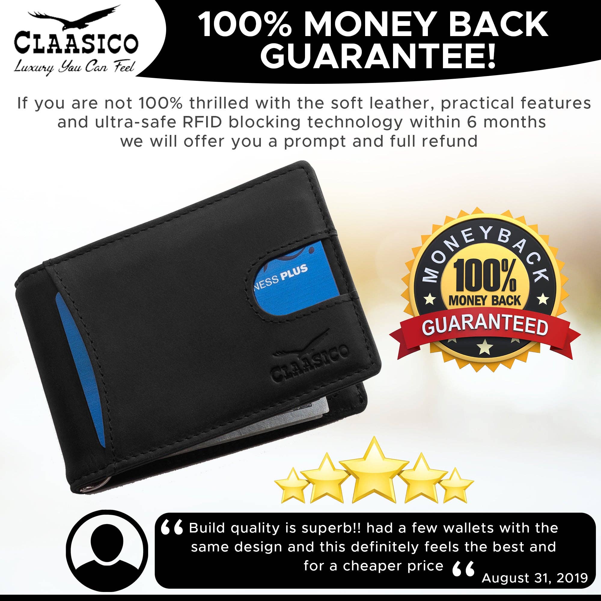 Claasico - Wholesale Wallet - Men's - Small bifold leather money clip wallet with pull strap3