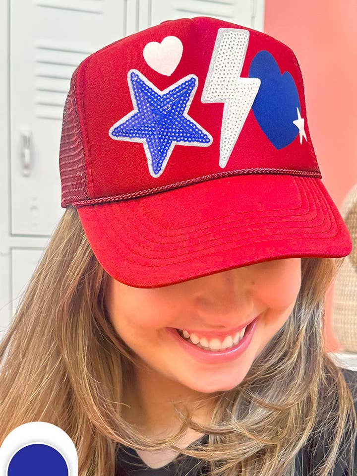 Red, White and Blue Sparkle Things Trucker Hat for wholesale by Sugar Stitch