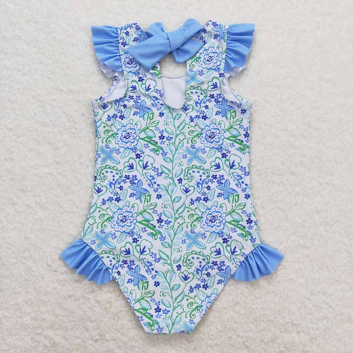 Aier Wholesale - Wholesale One Piece Swimsuit - Kids - Baby Girls Summer Blue Flowers Ruffle One Piece Swimsuits1