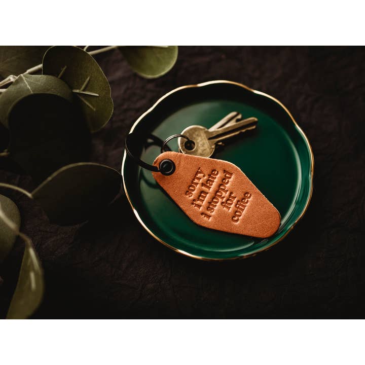 MisfitMadeGoods - Wholesale Keychain - Unisex - Sorry I'm Late I Stopped For Coffee Leather Motel Keychain1