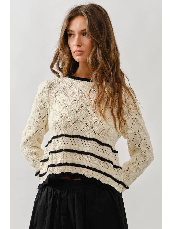 Aaron & Amber - Wholesale Knit Sweater - Women's - AJT5007 A LINE POINTELLE STRIPED SWEATER TOP
