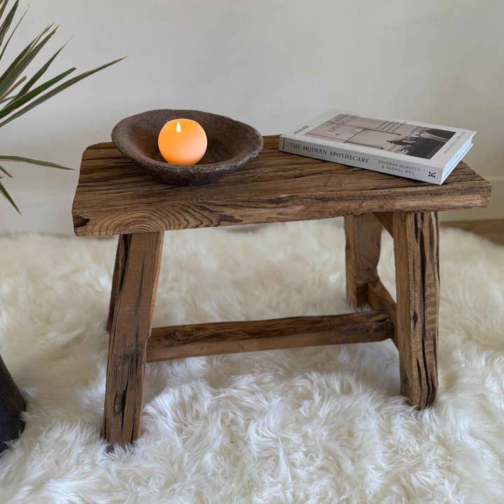 Handcrafted Entryway Stool, Rustic Reclaimed Wood Stool, Farmhouse Hallway Seating Bench, Narrow Side Table, Narrow Wooden Foyer for wholesale by Project Kalaa