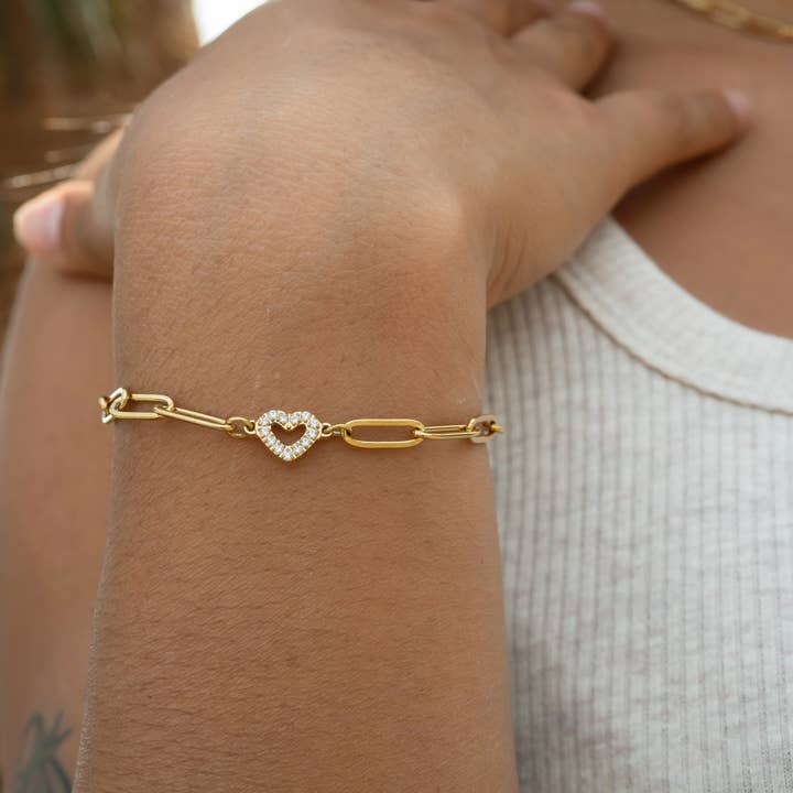 WJW - Wholesale Charm/Dangle Bracelet - 18K Gold PVD Stainless Steel "Heart" Paperclip Bracelet5