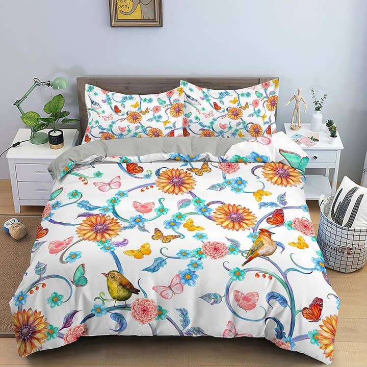Birds and Flowers Bedding Farmhouse Duvet Cover Queen, King, Boho Duvet, Designer Bedding, Aesthetic Bedding, Maximalist Full Size Bedding for wholesale by daintyduvet