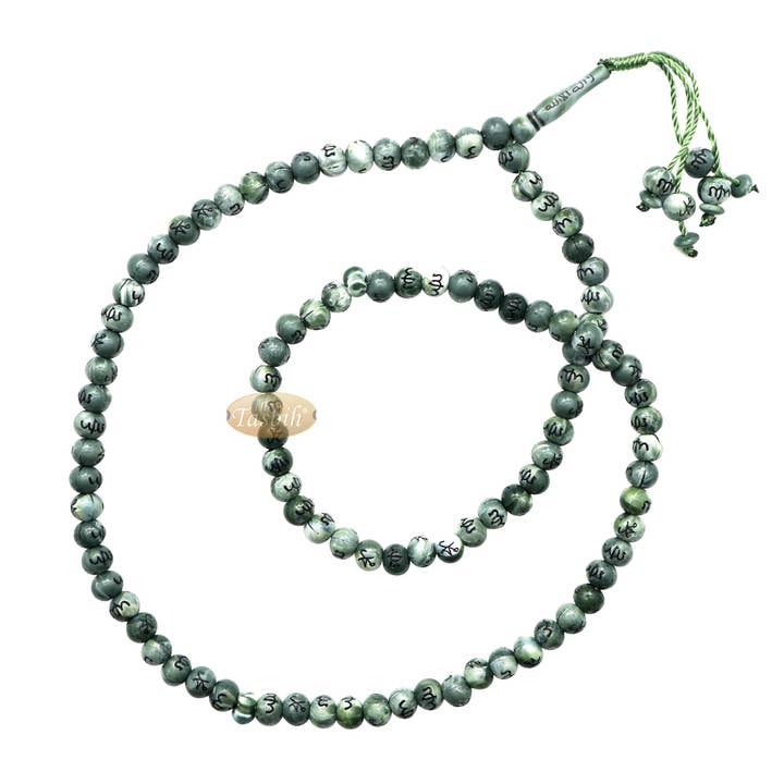 IndoMode - Wholesale Ketting met gebedskralen - Grote marmeren groene plastic 10mm islamitische tasbih zwarte Allah Mohammed gebedskralen
