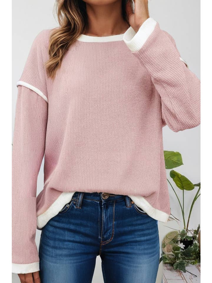 66DISCO - Wholesale Knit Top - Women's - 66Contrast Trim Knitted Drop Shoulder Plus Size Top (S-XL)25