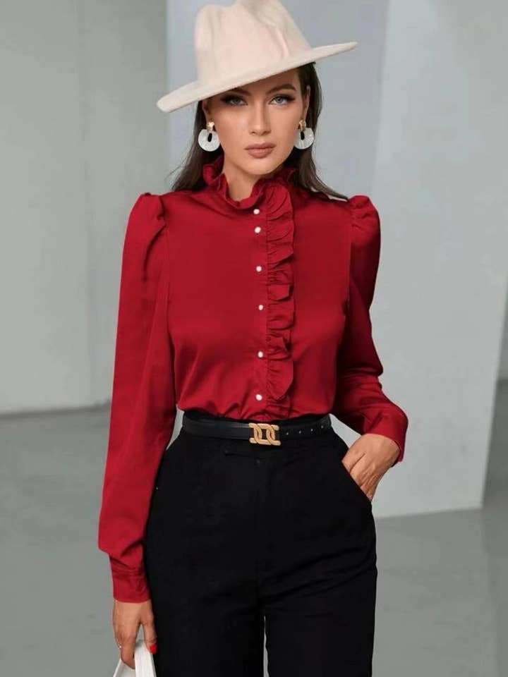 NINEXIS - Wholesale Blouse - Women's - CWTBLS2041_SOLID COLOR RUFFLED LONG SLEEVE BLOUSE5