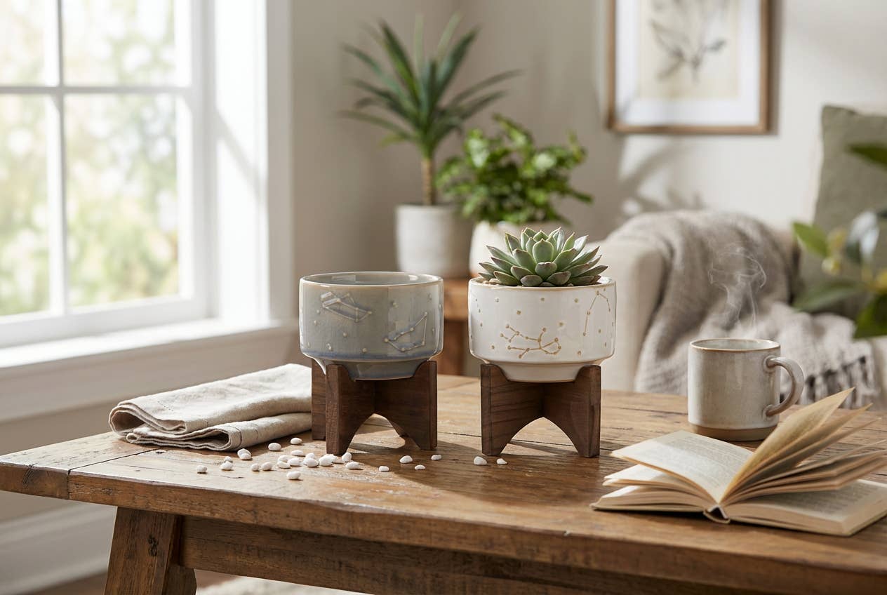 Flora Bunda Inc - Wholesale Plant Pot - Constellation Ceramic Mini Pot on Wood Stand – 4.75”2
