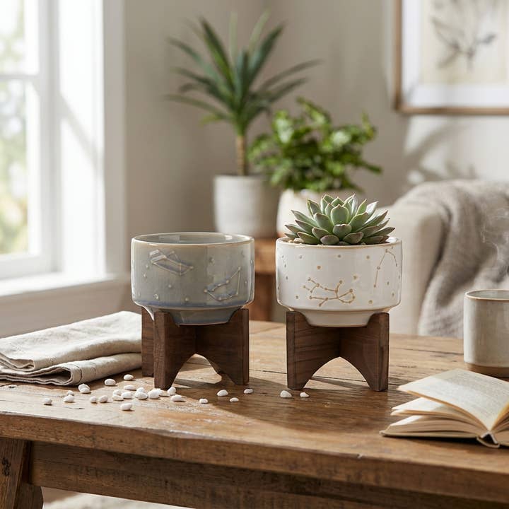 Flora Bunda Inc - Wholesale Plant Pot - Constellation Ceramic Mini Pot on Wood Stand – 4.75”2