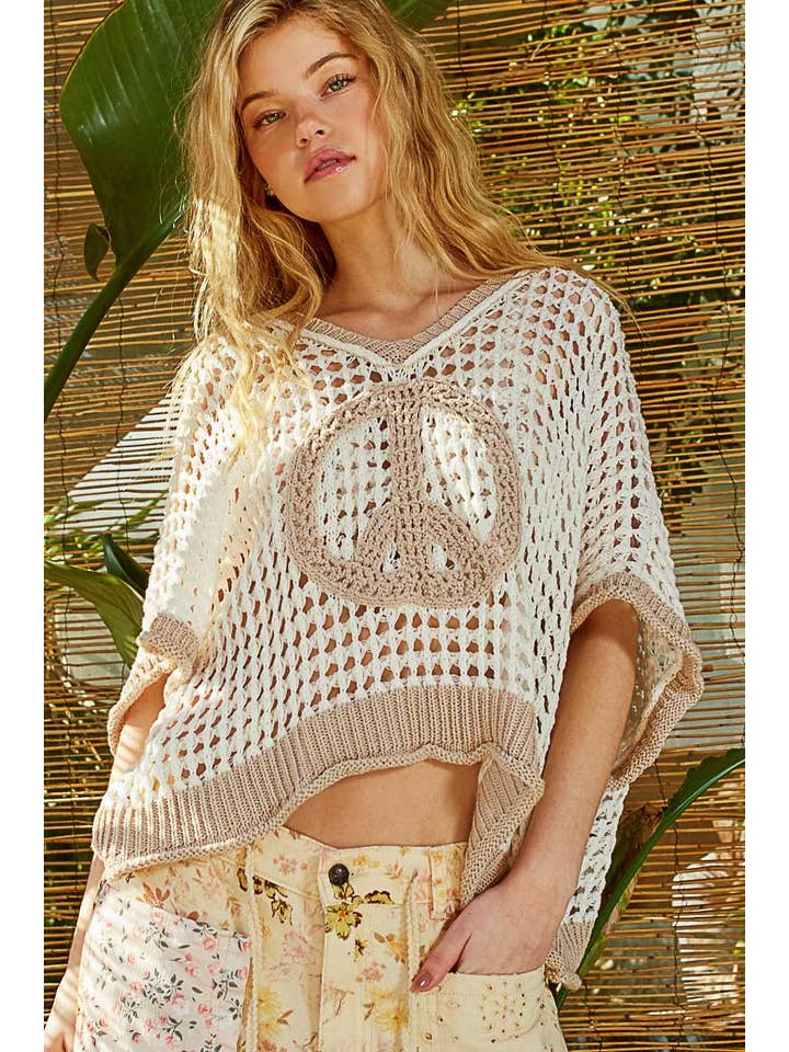 Pol Clothing - Wholesale Knit Sweater - Women's - Oversize v-neck short sleeve peace sign sweater SALE
