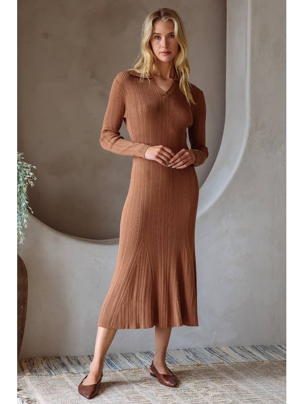 Brown Ribbed Knit Long Sleeve Collared Midi Dress for wholesale on Faire