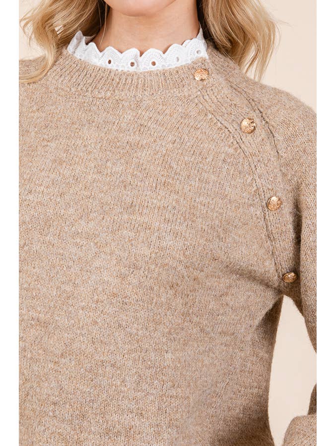 Taupe Lace Neck Knit Sweater with Button Detail (2024 FW) for wholesale on Faire