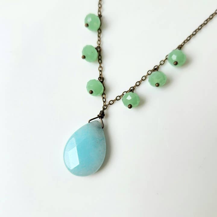 Colorful Boho Fringe Necklace Brass Light Blue and Green for wholesale by Edgy Petal Jewelry