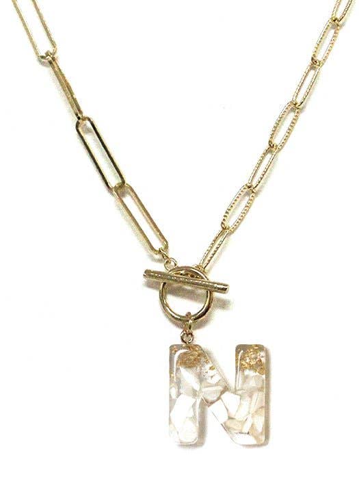 MiMi Wholesale - Wholesale Pendant/Charm Necklace - KN8165 Assorted 16 Piece Gold Acrylic Initial Toggle Chain Necklace Pack12