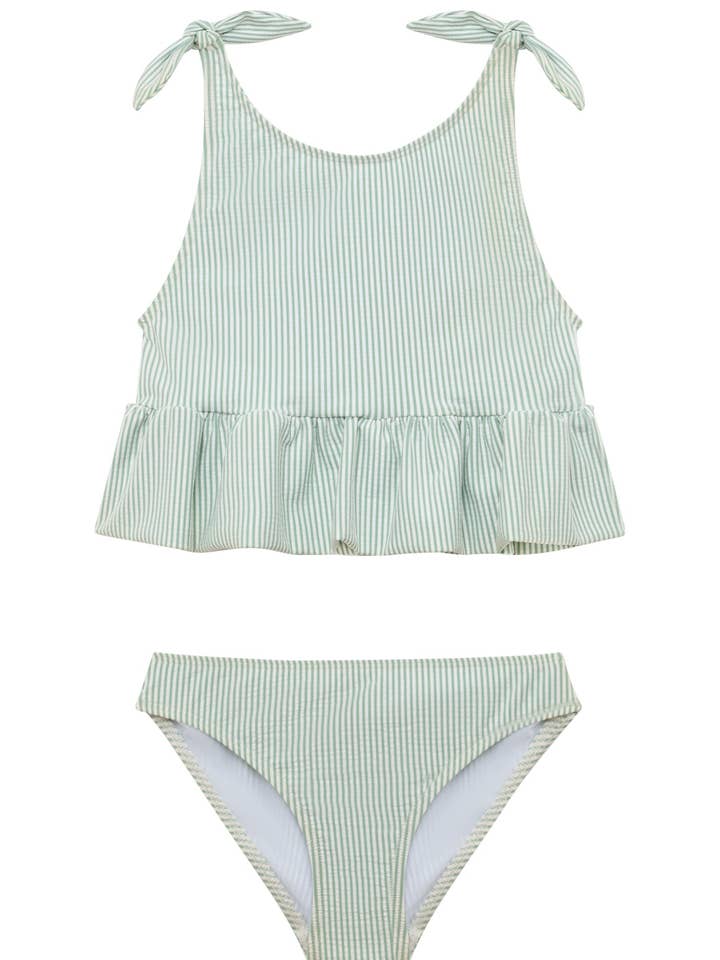 Girl's two-piece green striped swimsuit | GUIMAUVE 2P for wholesale by Lison Paris