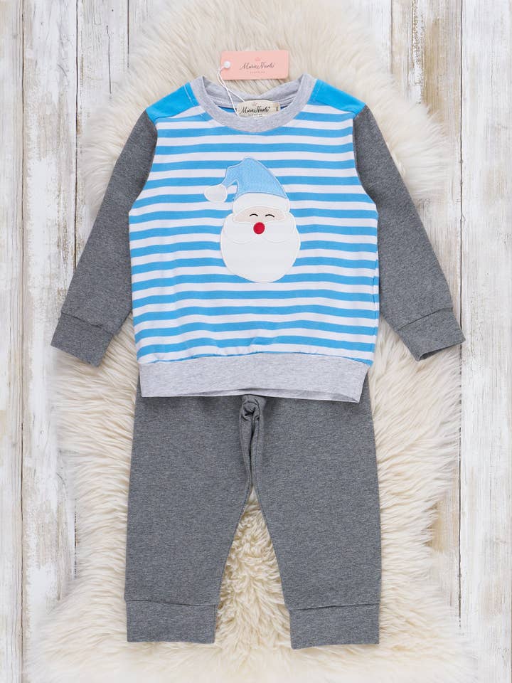 Marie Nicole Clothing - Wholesale Sleepwear Set - Kids - Blue Santa Stripes Embroidered Outfit