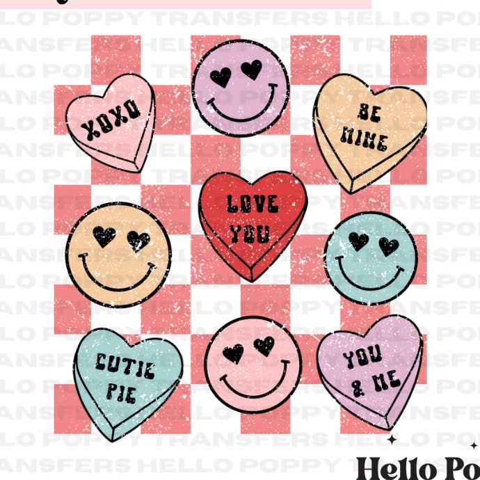 Smileys à carreaux Conversation Hearts Vday DTF Transfer pour la vente par Hello Poppy Transfers