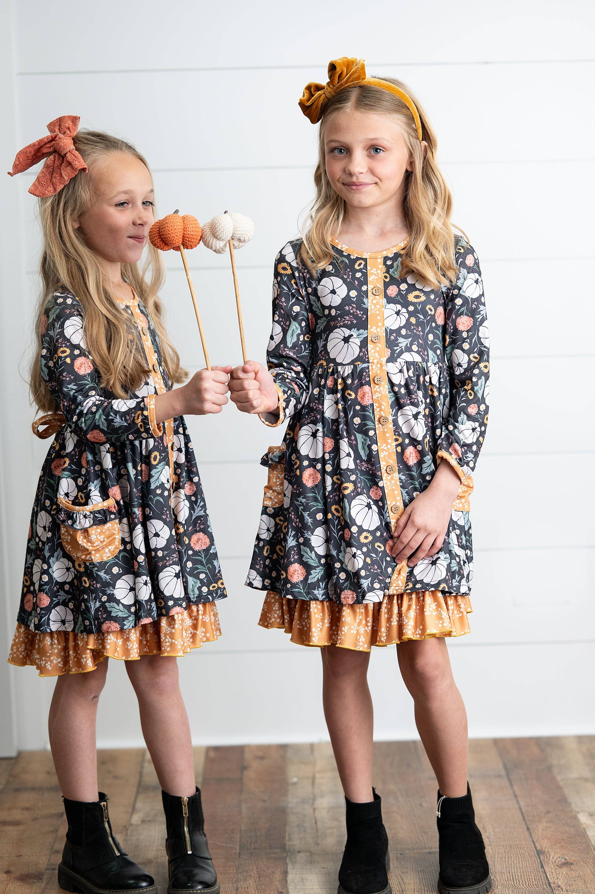 Oopsie Daisy - Wholesale Dress - Kids - Girls Mustard Pumpkin Ruffle Pocket Button Tie Fall Dress4
