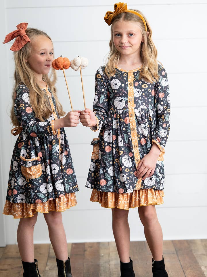 Oopsie Daisy - Wholesale Dress - Kids - Girls Mustard Pumpkin Ruffle Pocket Button Tie Fall Dress4