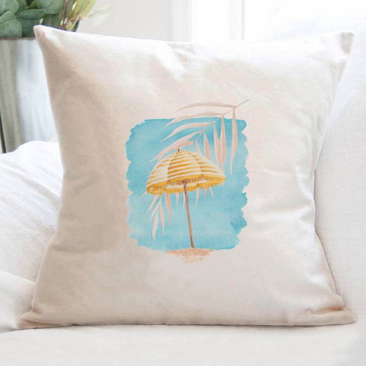 Parapluie jaune - Coussin carré en toile pour la vente par Cottage Shore